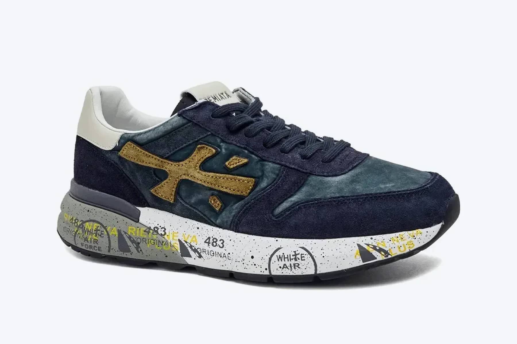 Premiata Mick lacivert süet ve tekstil sneaker, yandan görünüm