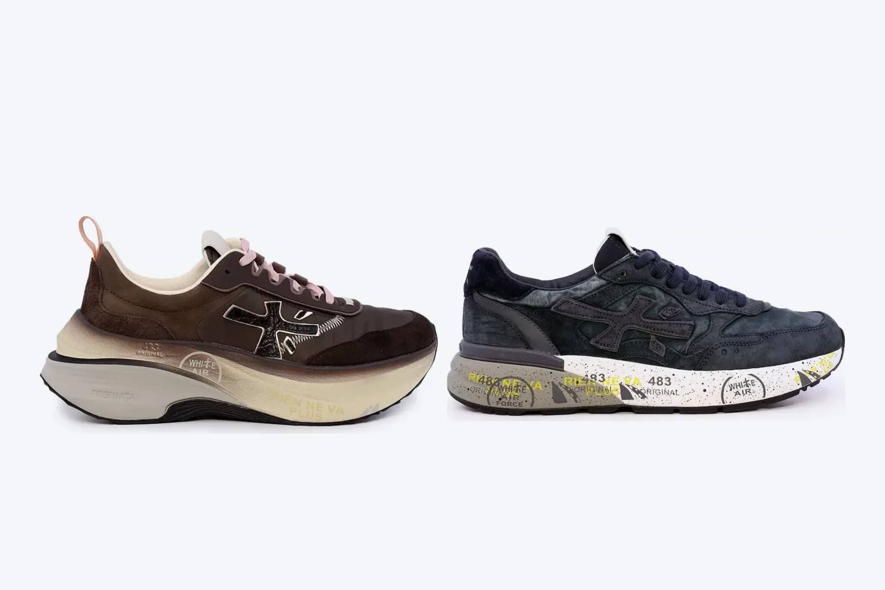 Premiata Hill kahverengi ve Mick koyu gri sneaker yan yana, sonbahar tonları