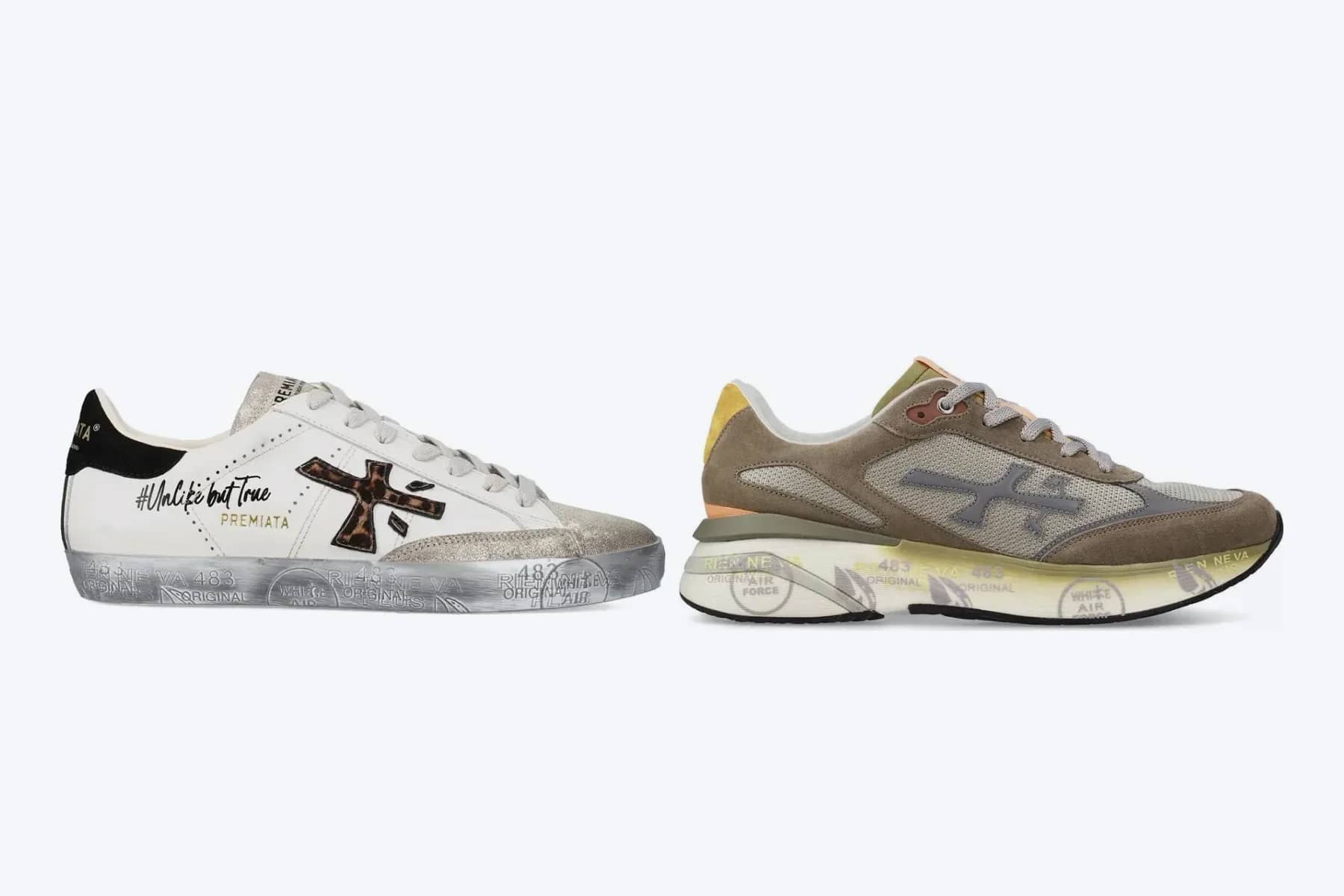 Kadın ve erkek Premiata sneaker yan yana: beyaz Stevend ve vizon Moerun