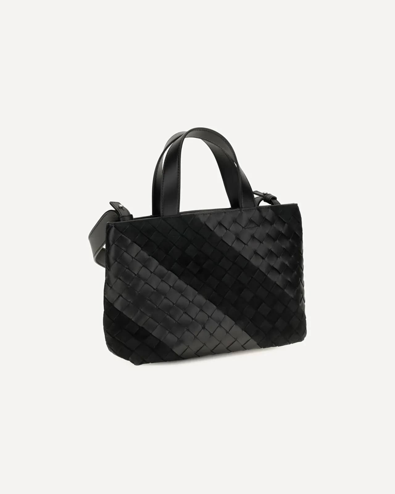 Bottega Veneta siyah süet şeritli Intrecciato el çantası, detay görünüm