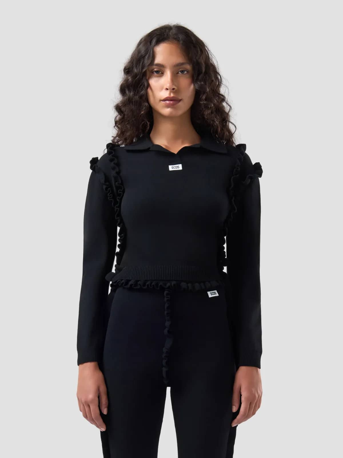 GCDS siyah tekstil polo yaka t-shirt, detay görünüm