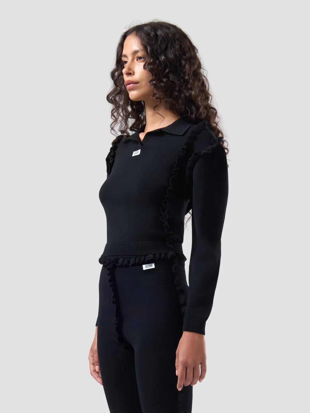 GCDS siyah tekstil polo yaka t-shirt, detay görünüm