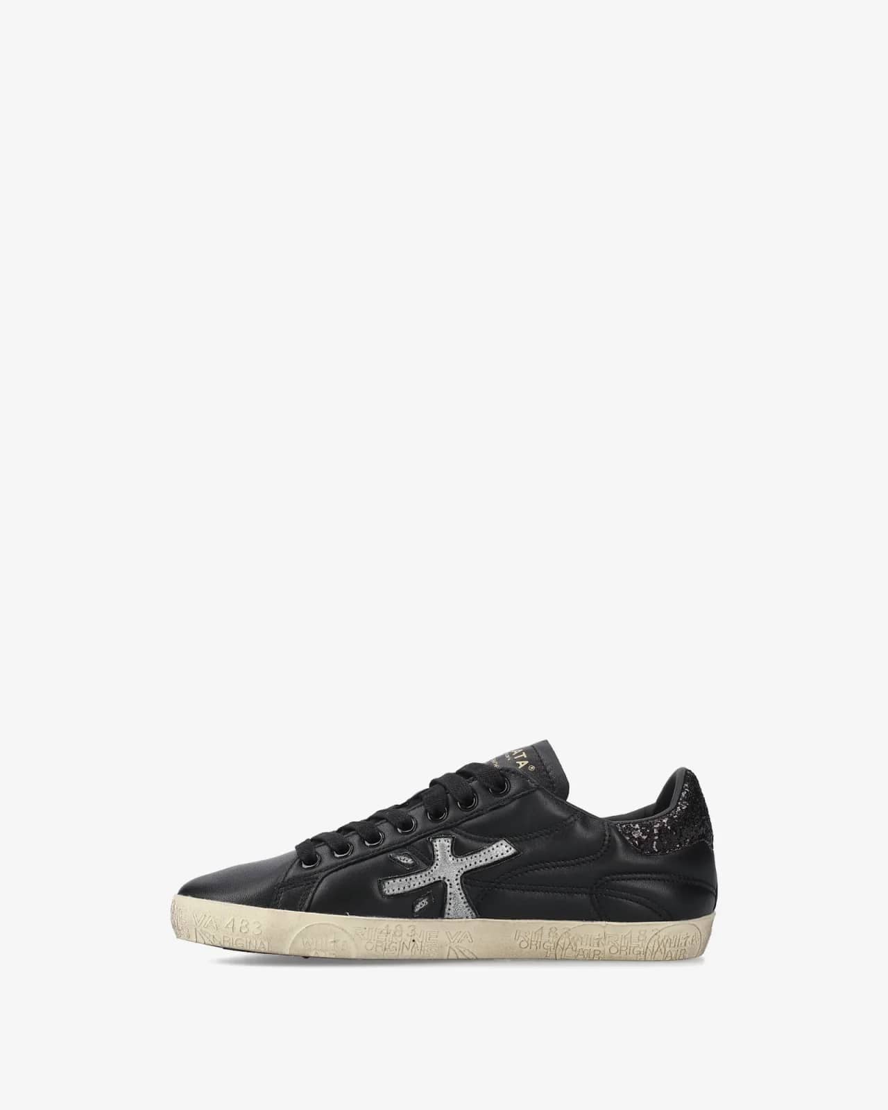Premiata siyah Stevend sneaker, arkadan çapraz görünüm