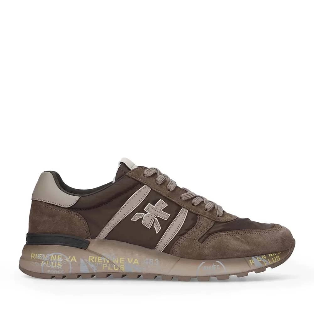 Premiata Lander kahverengi süet ve tekstil sneaker, yandan görünüm