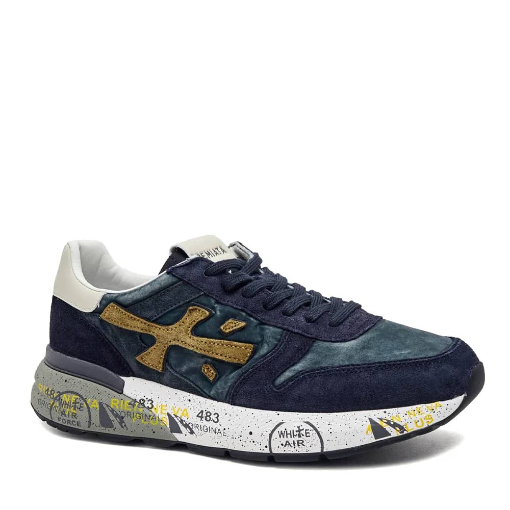 Premiata Mick lacivert süet ve tekstil sneaker, yandan görünüm
